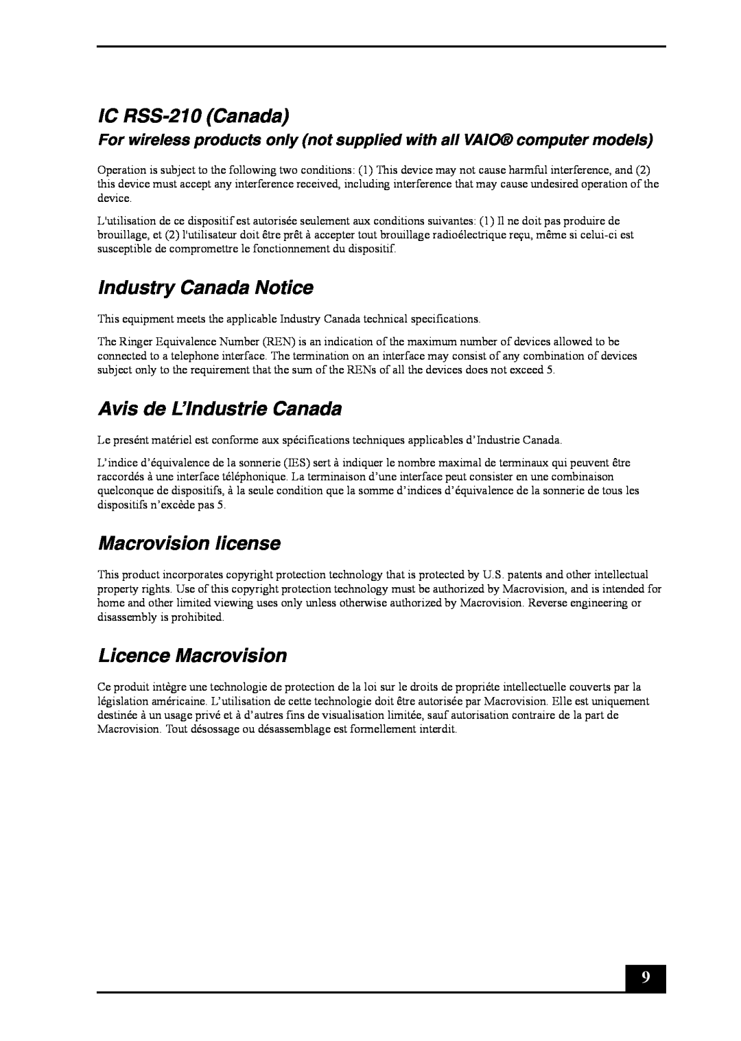 Sony VGC-RB50(G) manual IC RSS-210 Canada, Industry Canada Notice, Avis de L’Industrie Canada, Macrovision license 