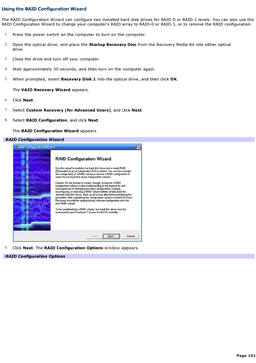 Sony VGCRA930, VGCRA830 Using the RAID Configuration Wizard, Vaio Recovery Wizard appears, RAID Configuration Options 