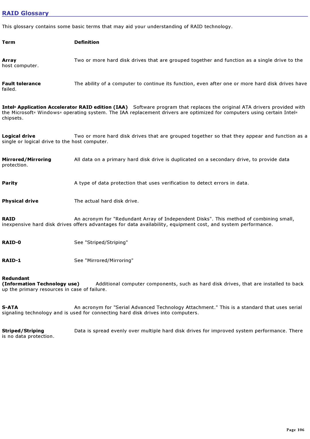 Sony VGCRA830, VGCRA930 specifications RAID Glossary 