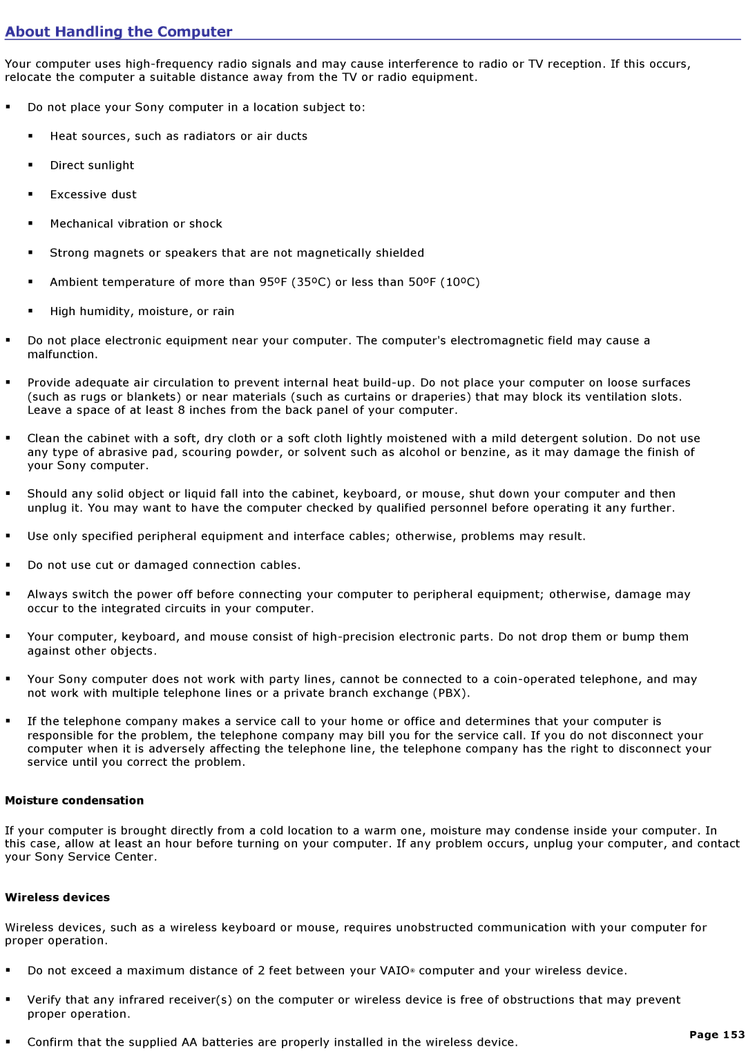 Sony VGCRA930, VGCRA830 specifications About Handling the Computer, Moisture condensation, Wireless devices 