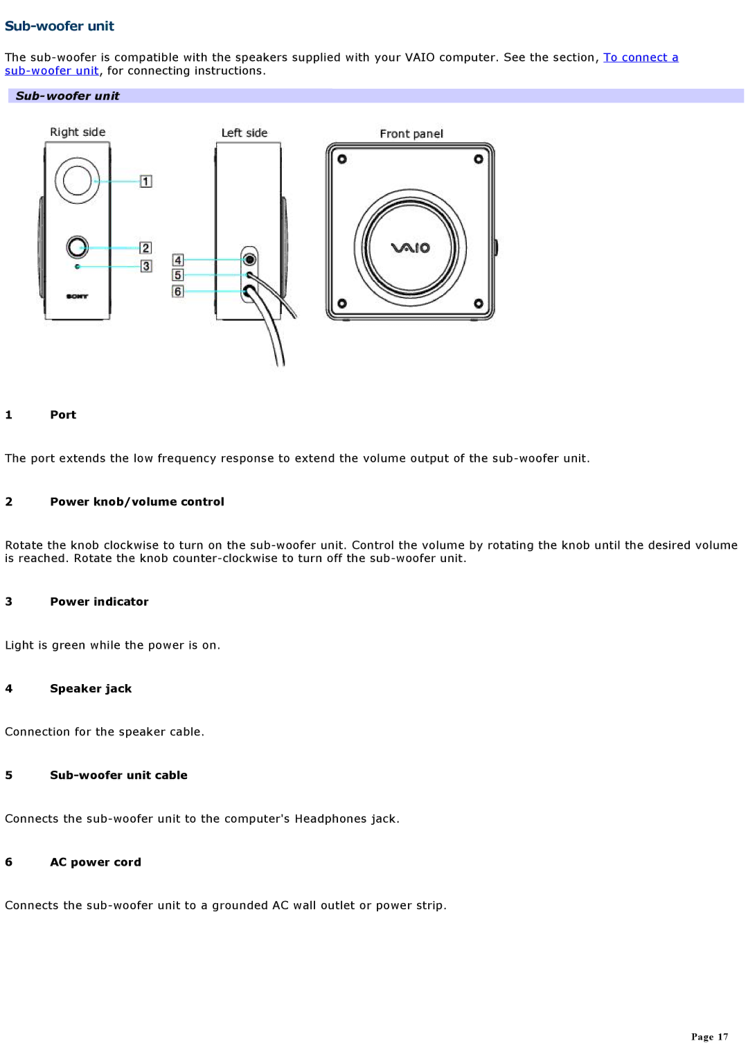 Sony VGCRA930, VGCRA830 specifications Sub-woofer unit 