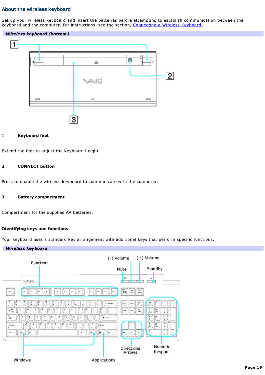 Sony VGCRA930, VGCRA830 specifications About the wireless keyboard, Wireless keyboard bottom 