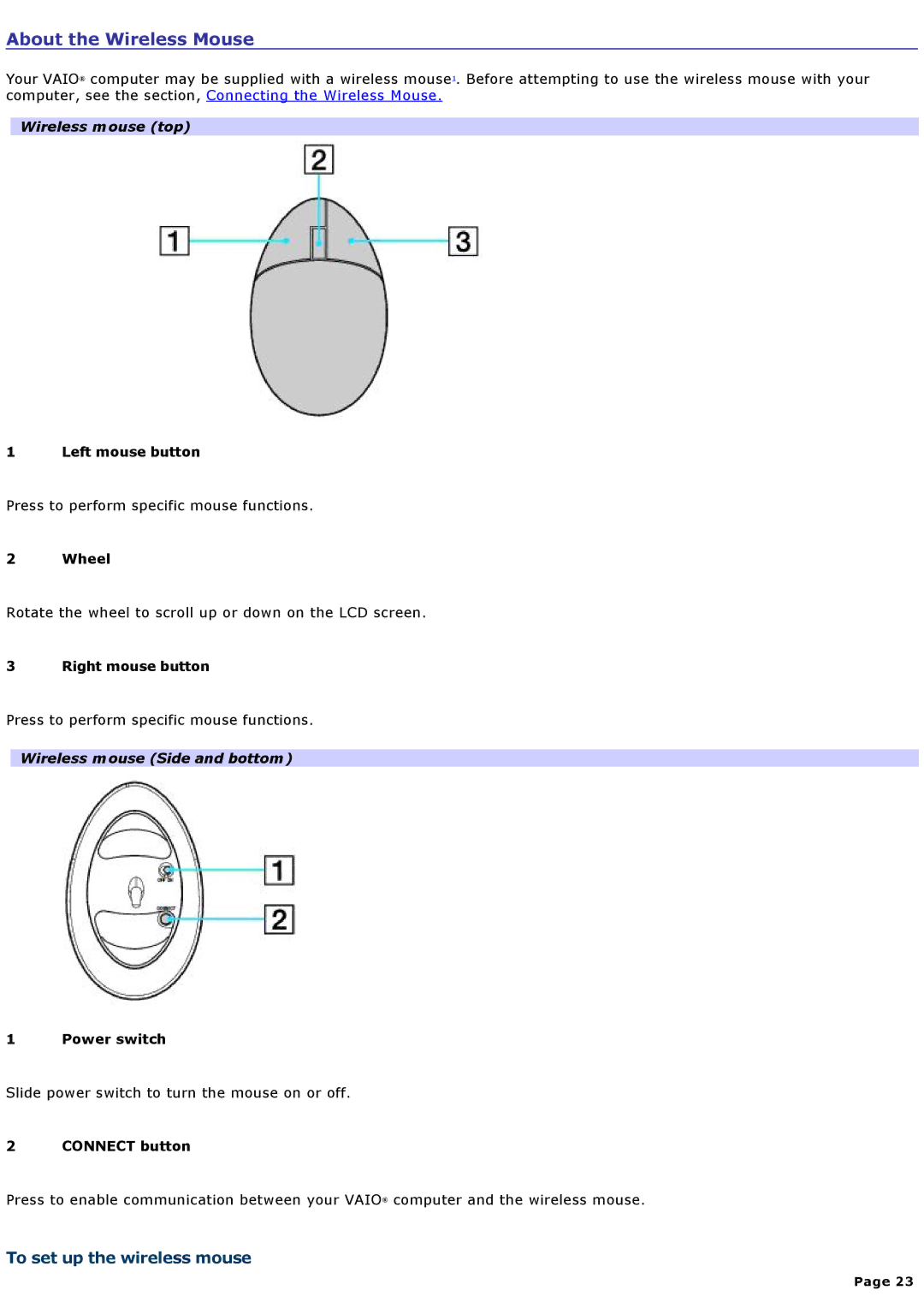 Sony VGCRA930 About the Wireless Mouse, To set up the wireless mouse, Wireless mouse top, Wireless mouse Side and bottom 