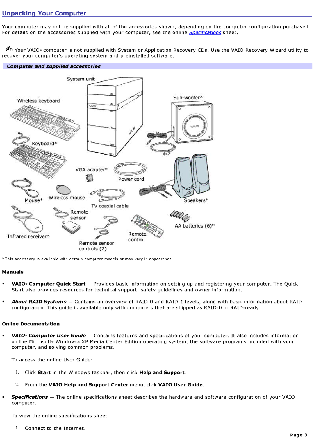 Sony VGCRA930, VGCRA830 Unpacking Your Computer, Computer and supplied accessories, Manuals, Online Documentation 