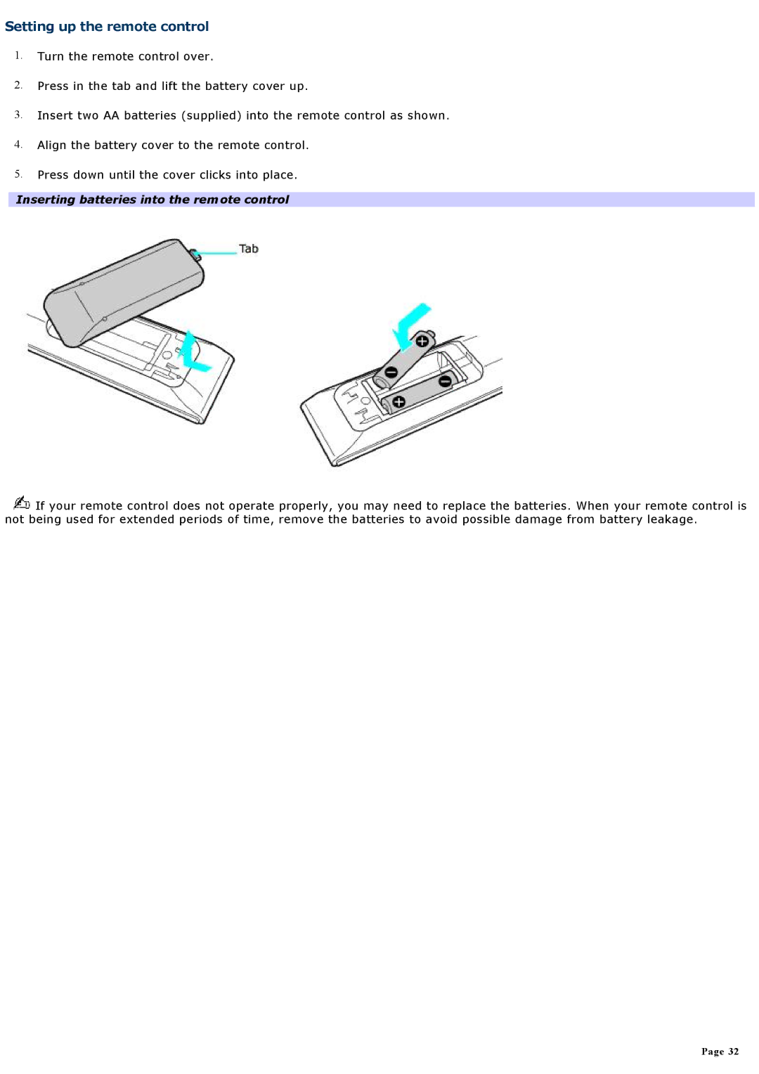 Sony VGCRA830, VGCRA930 specifications Setting up the remote control, Inserting batteries into the remote control 