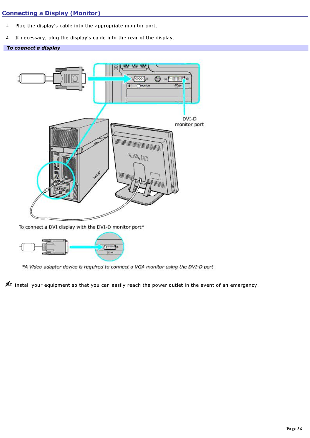 Sony VGCRA830, VGCRA930 specifications Connecting a Display Monitor, To connect a display 