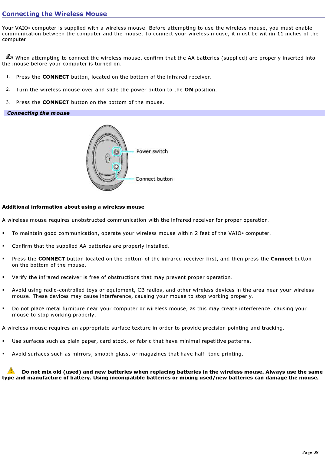 Sony VGCRA830 Connecting the Wireless Mouse, Connecting the mouse, Additional information about using a wireless mouse 