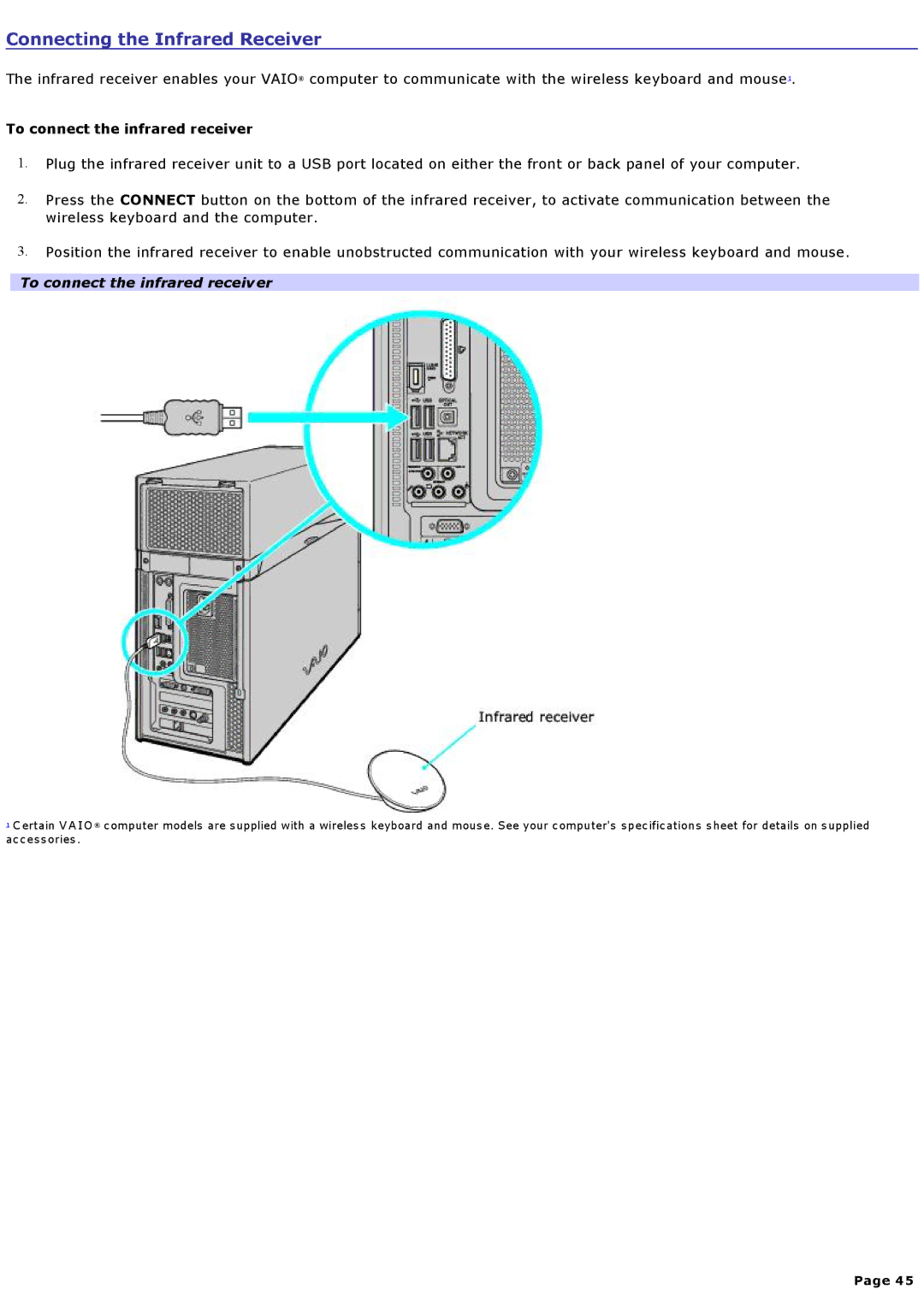 Sony VGCRA930, VGCRA830 specifications Connecting the Infrared Receiver, To connect the infrared receiver 