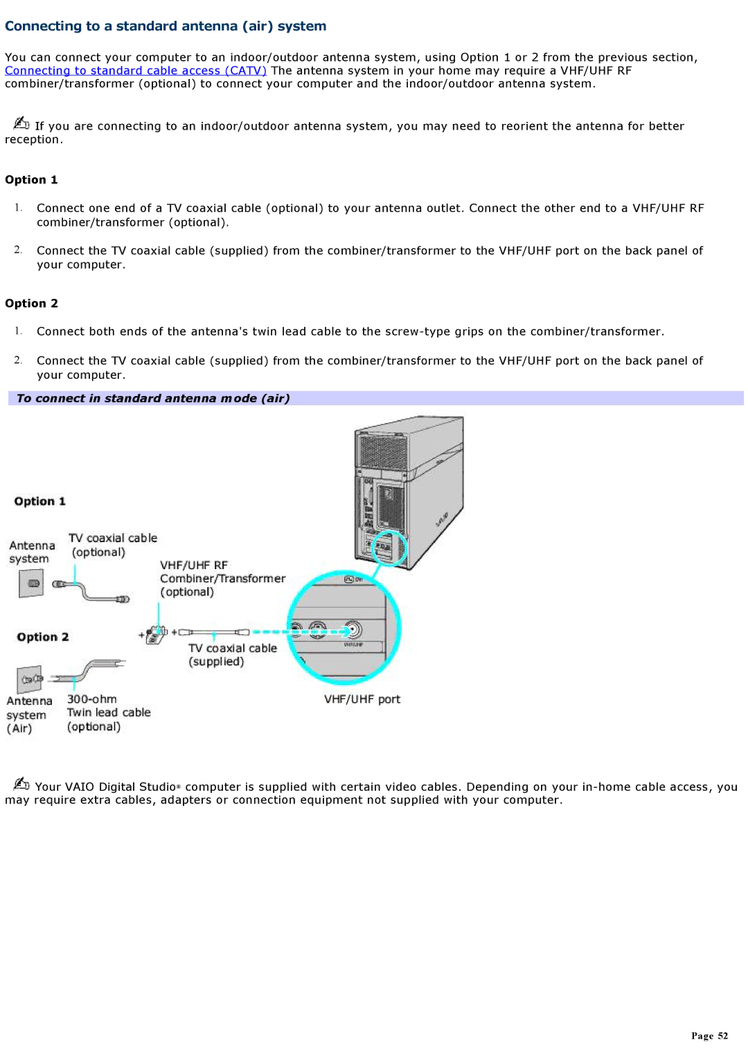 Sony VGCRA830, VGCRA930 specifications Connecting to a standard antenna air system, To connect in standard antenna mode air 