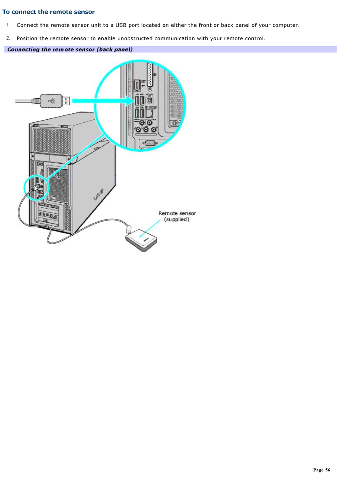 Sony VGCRA830, VGCRA930 specifications To connect the remote sensor, Connecting the remote sensor back panel 