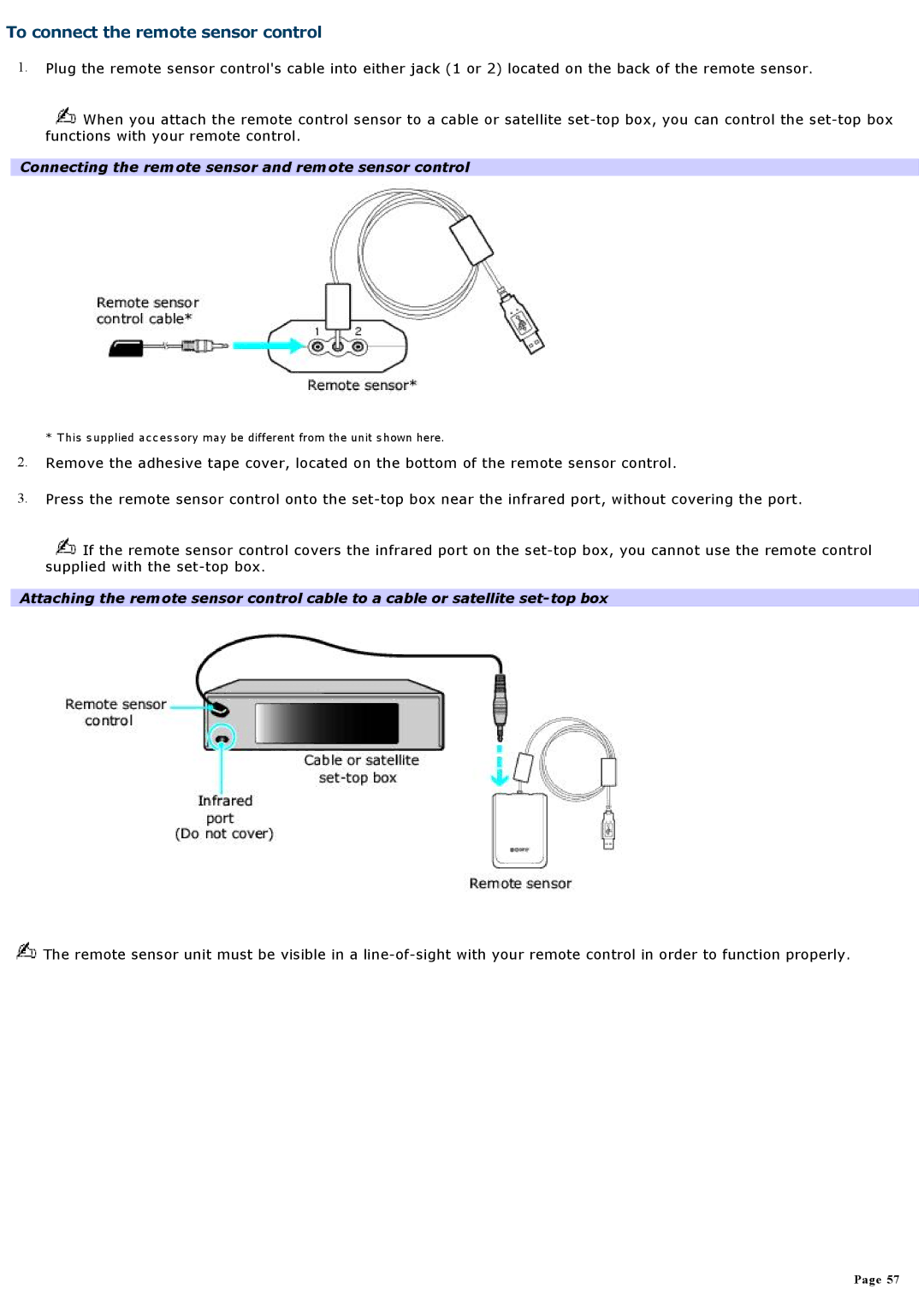 Sony VGCRA930, VGCRA830 To connect the remote sensor control, Connecting the remote sensor and remote sensor control 