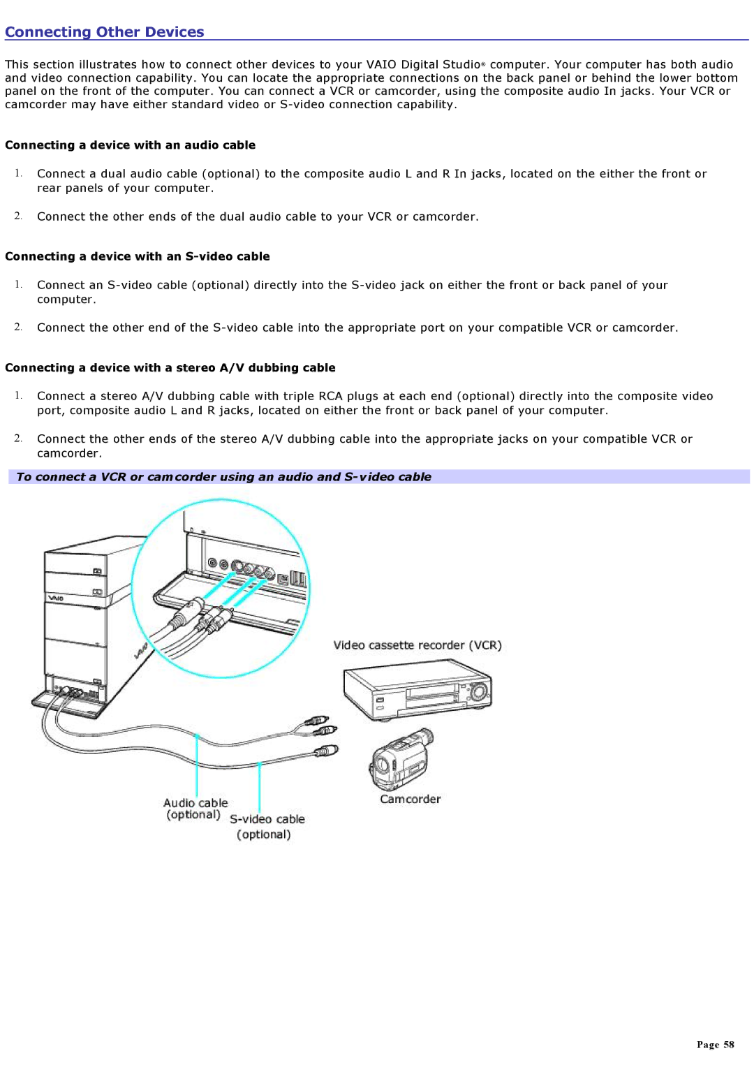 Sony VGCRA830 Connecting Other Devices, Connecting a device with an audio cable, Connecting a device with an S-video cable 