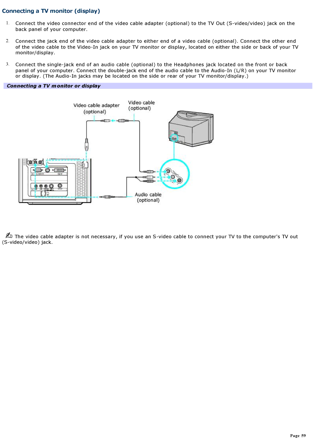 Sony VGCRA930, VGCRA830 specifications Connecting a TV monitor display, Connecting a TV monitor or display 