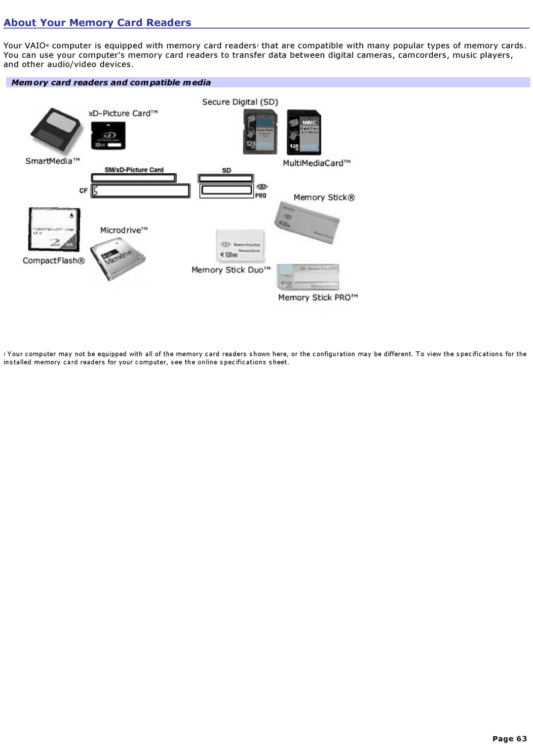 Sony VGCRA930, VGCRA830 specifications About Your Memory Card Readers, Memory card readers and compatible media 