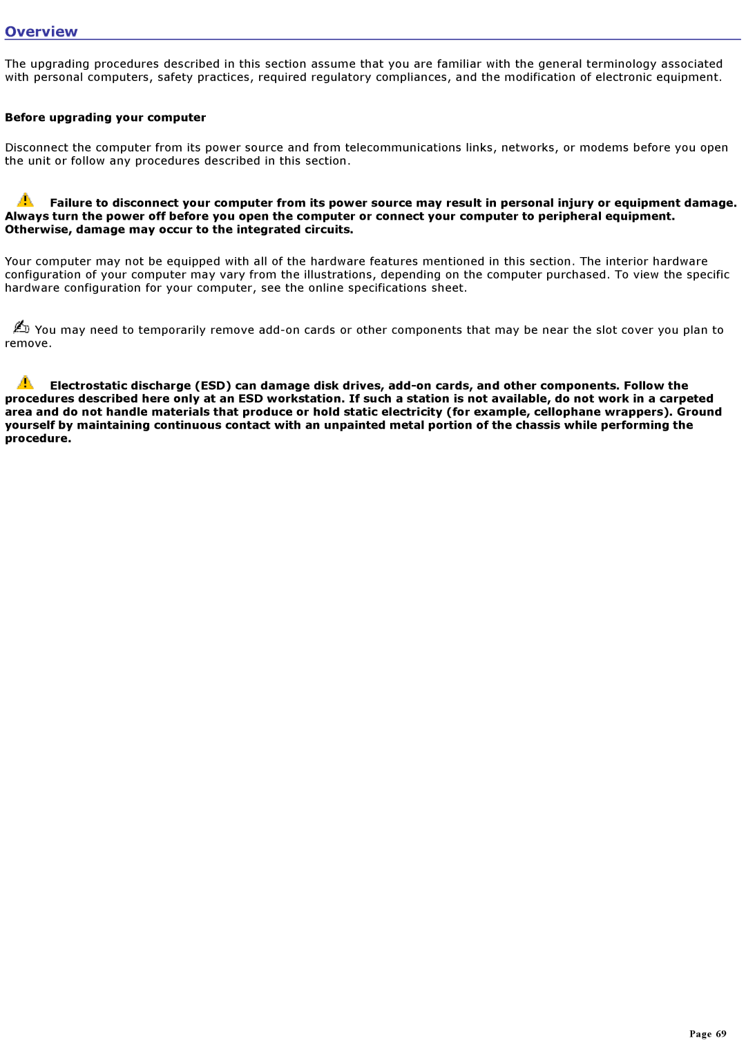 Sony VGCRA930, VGCRA830 specifications Overview, Before upgrading your computer 