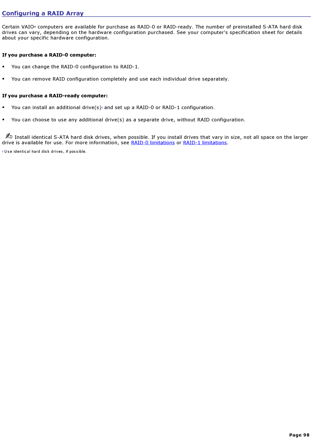 Sony VGCRA830, VGCRA930 Configuring a RAID Array, If you purchase a RAID-0 computer, If you purchase a RAID-ready computer 