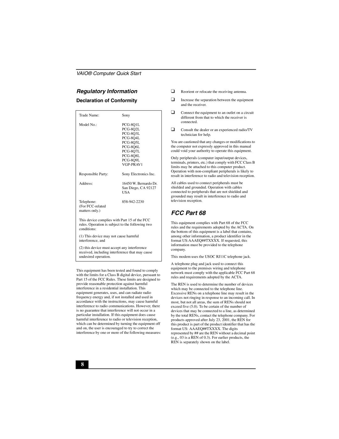 Sony VGN-A130, VGN-A170 quick start FCC Part, Regulatory Information 