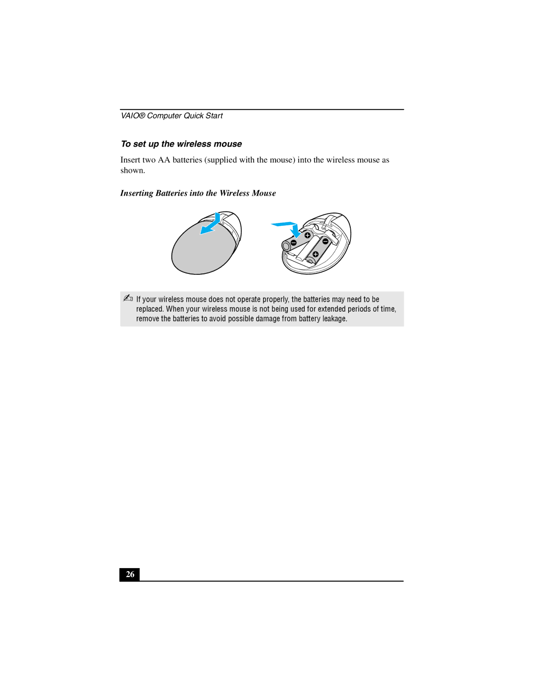 Sony VGN-A140 quick start To set up the wireless mouse, Inserting Batteries into the Wireless Mouse 