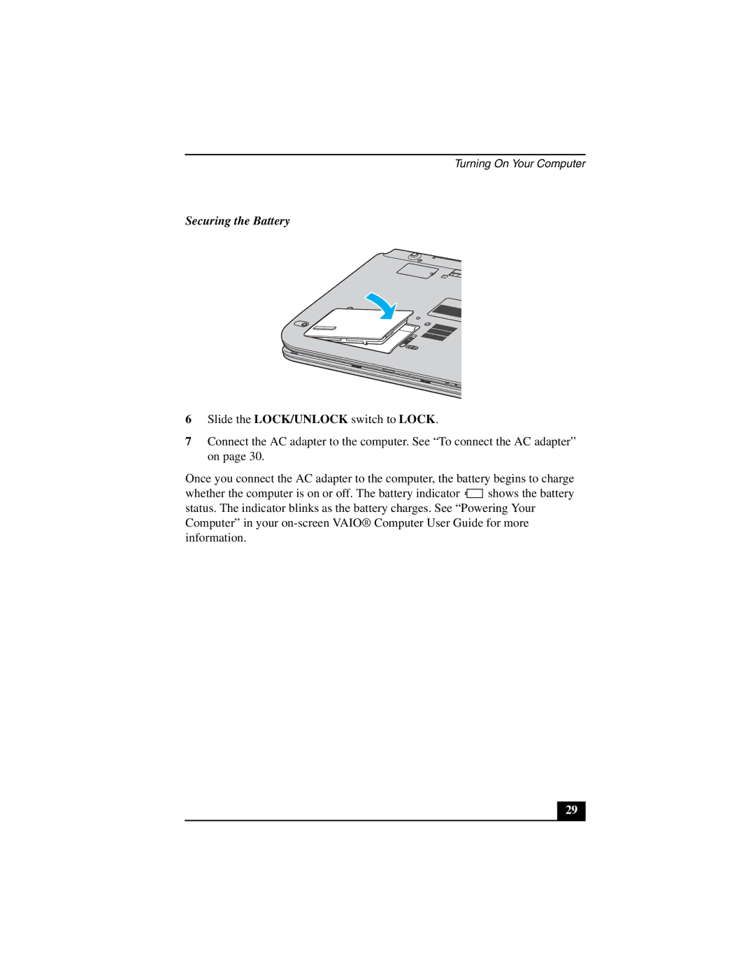 Sony VGN-A140 quick start Securing the Battery 