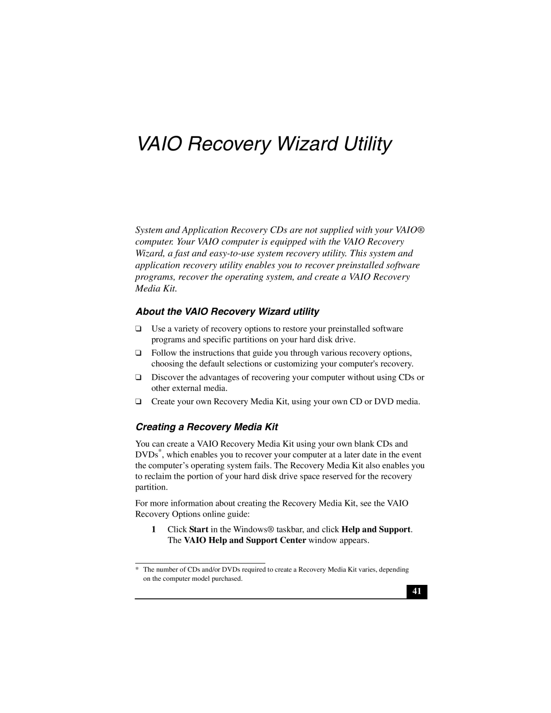 Sony VGN-A140 quick start About the Vaio Recovery Wizard utility, Creating a Recovery Media Kit 