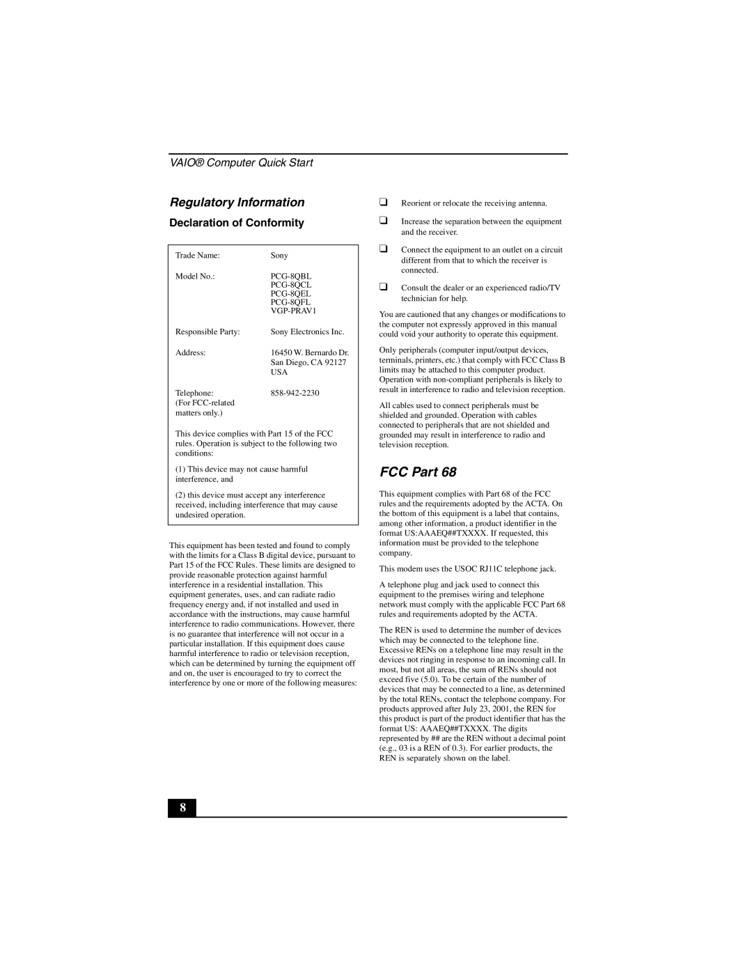 Sony VGN-A140 quick start FCC Part, Regulatory Information 