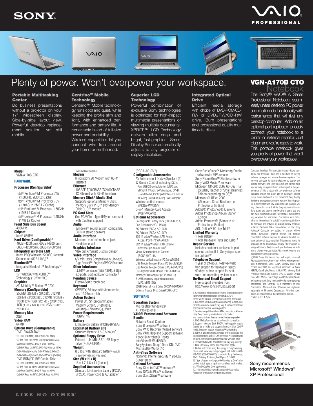 Sony VGN-A170B CTO warranty Portable Multitasking Center, Centrino Mobile Technology, Superior LCD Technology 