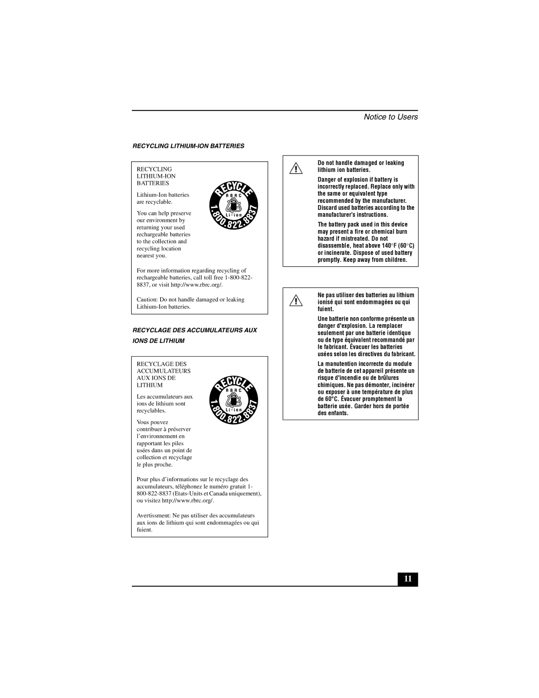 Sony VGN-A600 quick start Recycling LITHIUM-ION Batteries 