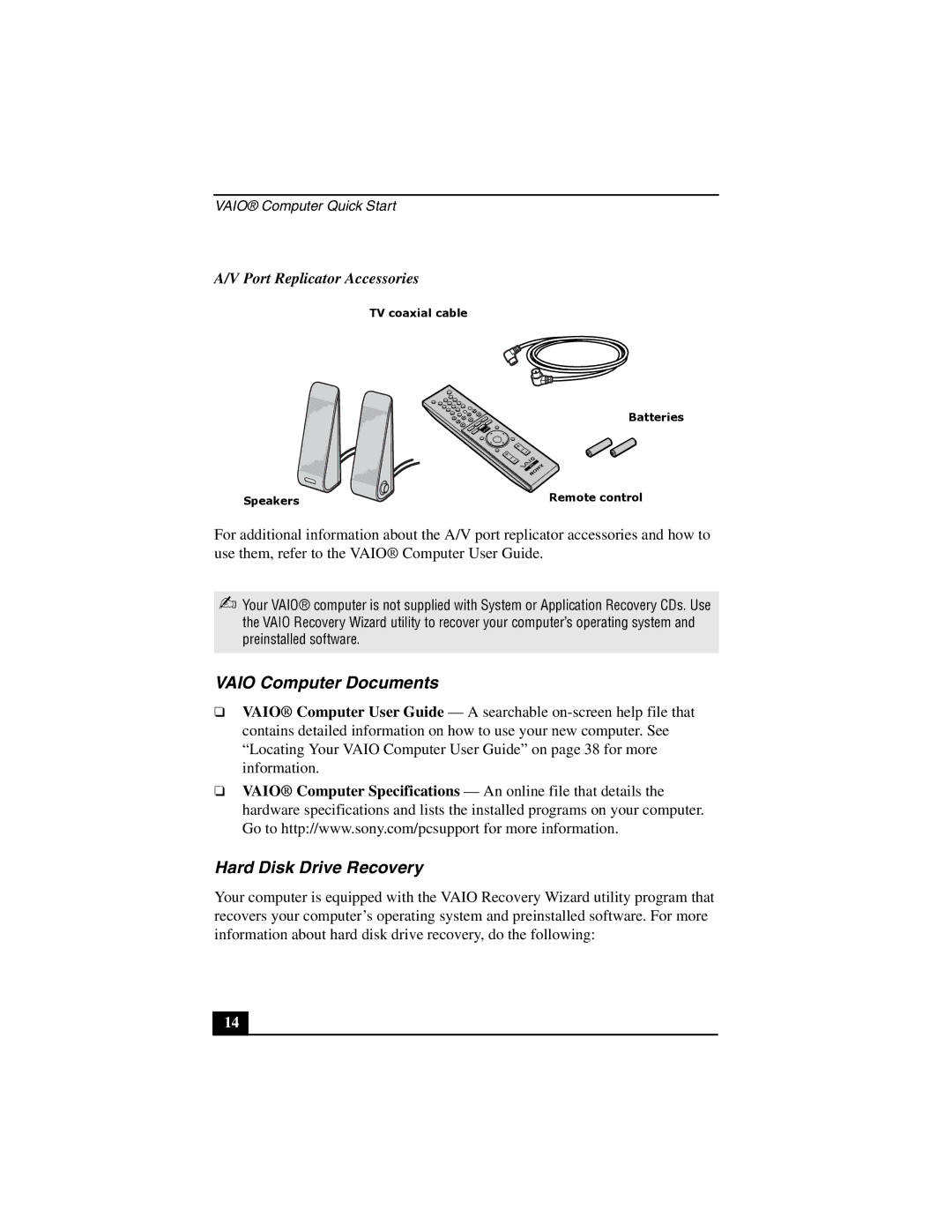 Sony VGN-A600 quick start Vaio Computer Documents, Hard Disk Drive Recovery, Port Replicator Accessories 