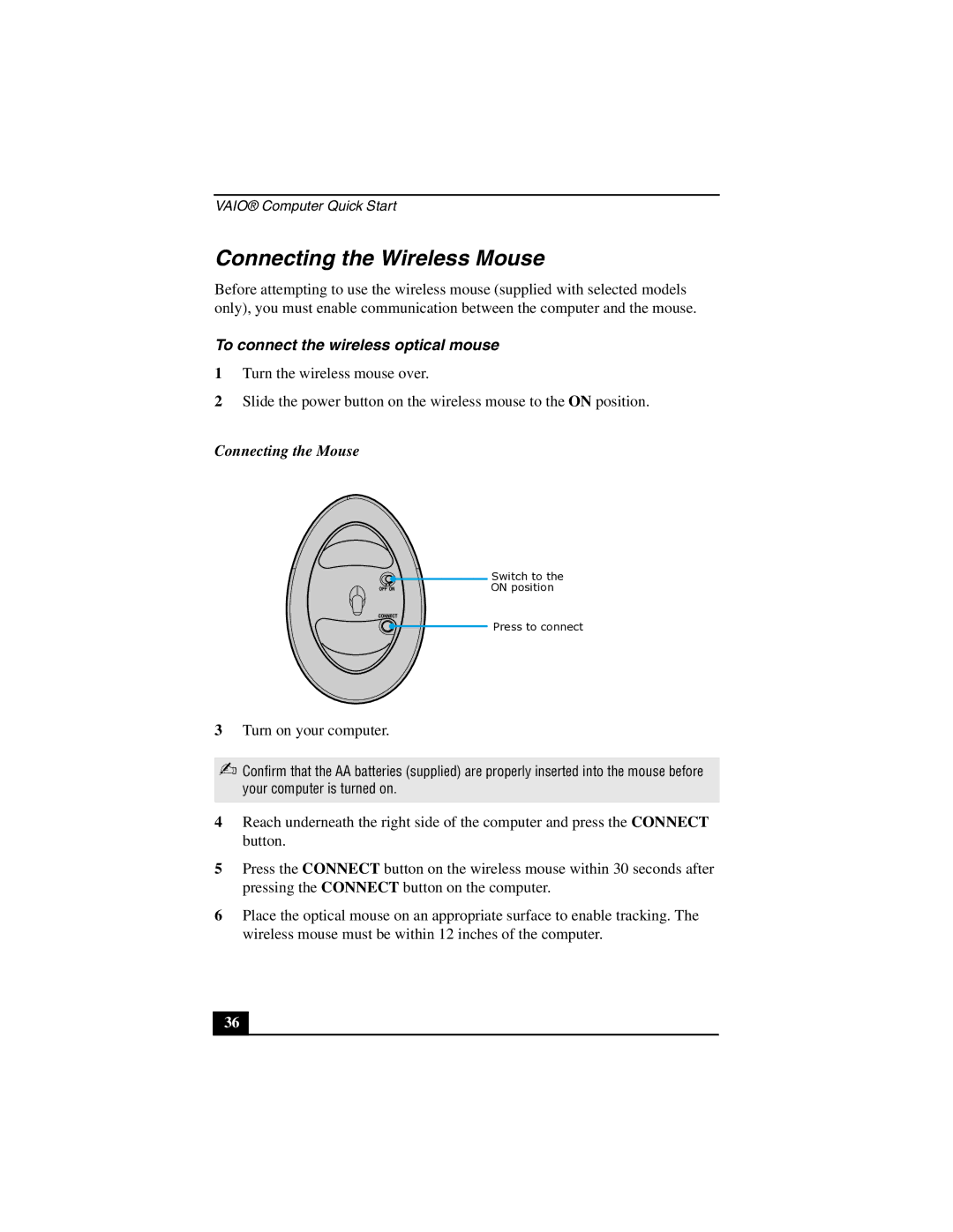 Sony VGN-A600 quick start Connecting the Wireless Mouse, To connect the wireless optical mouse, Connecting the Mouse 