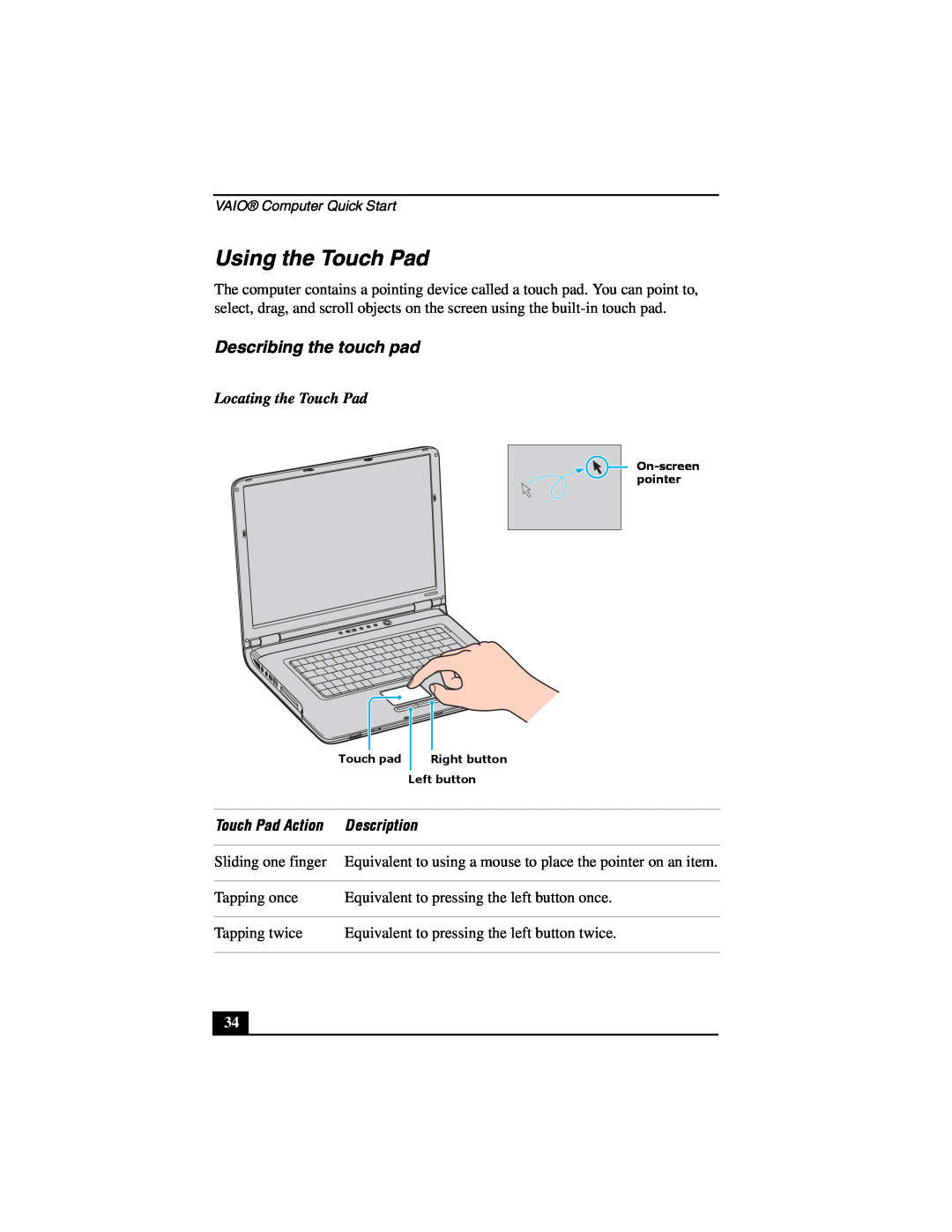 Sony VGN-A600 Using the Touch Pad, Describing the touch pad, Locating the Touch Pad, Touch Pad Action, Description 
