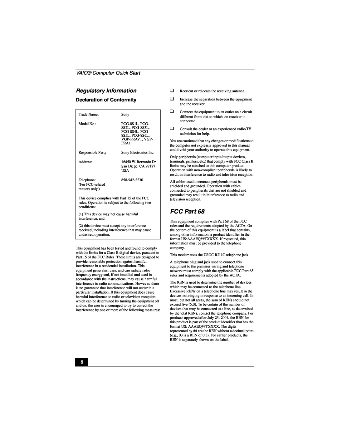 Sony VGN-A600 quick start FCC Part, Regulatory Information, VAIO Computer Quick Start, Declaration of Conformity 