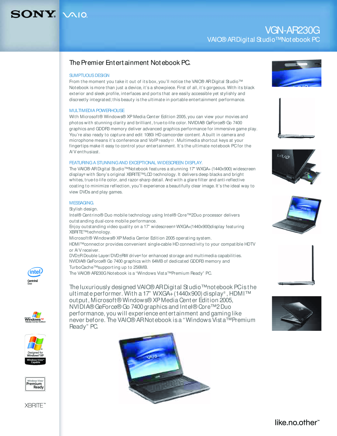 Sony VGN-AR230G manual VAIOAR Digital Studio Notebook PC, The Premier Entertainment Notebook PC, Sumptuous Design 
