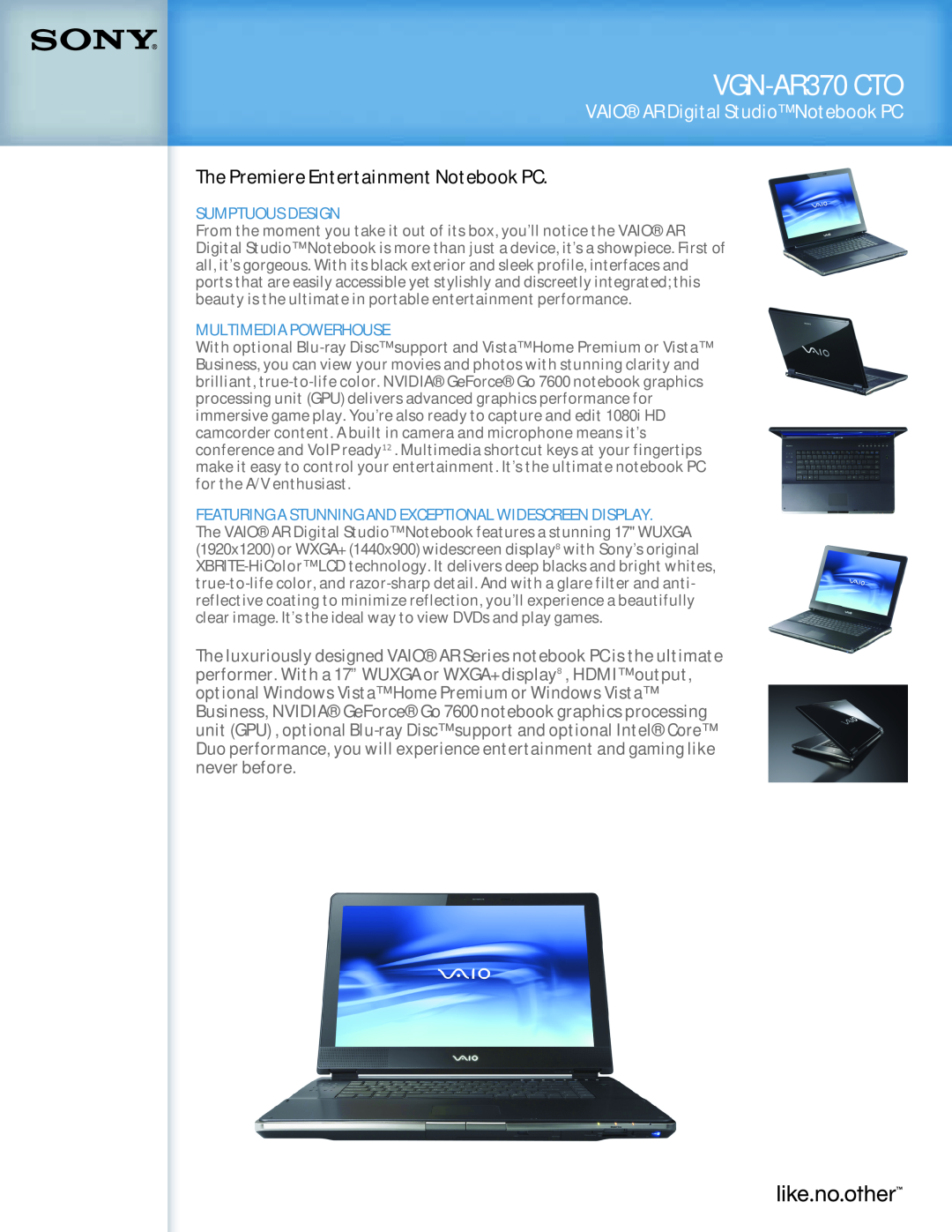 Sony VGN-AR370 CTO manual VAIOAR Digital Studio Notebook PC, The Premiere Entertainment Notebook PC, Sumptuous Design 
