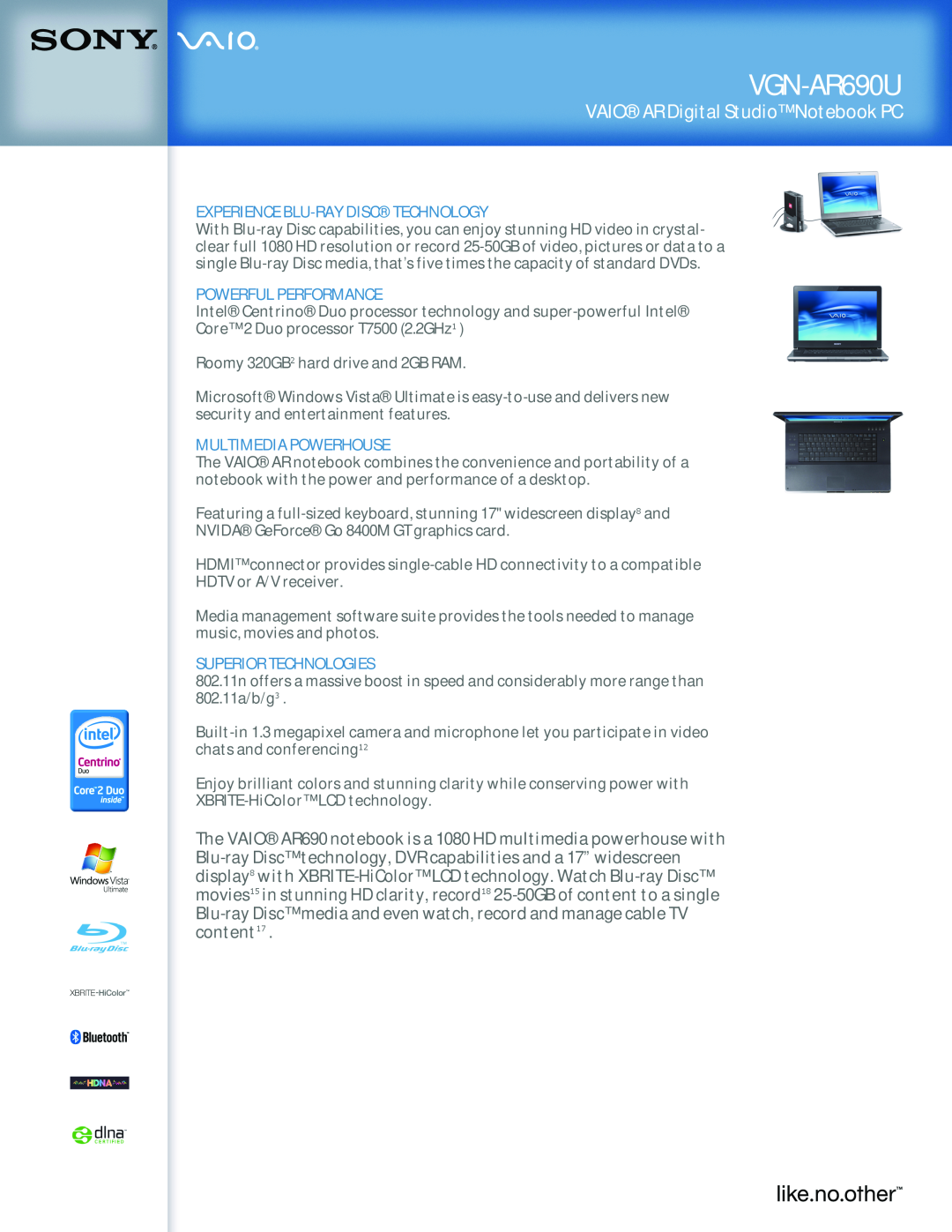 Sony VGN-AR690U manual VAIOAR Digital Studio Notebook PC, Experience Blu-Ray Disctechnology, Powerful Performance 