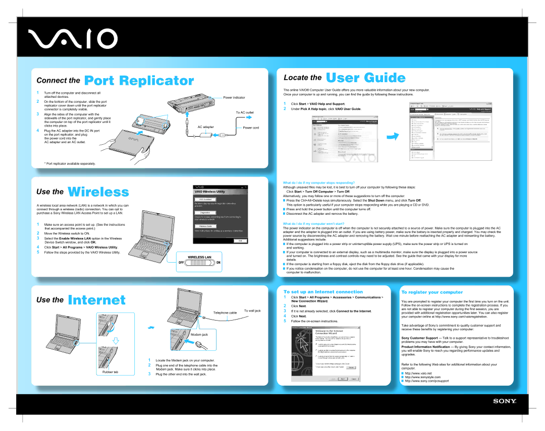 Sony VGN-B100 manual Connect the Port Replicator, Locate the User Guide, Use the Wireless, Use the Internet 