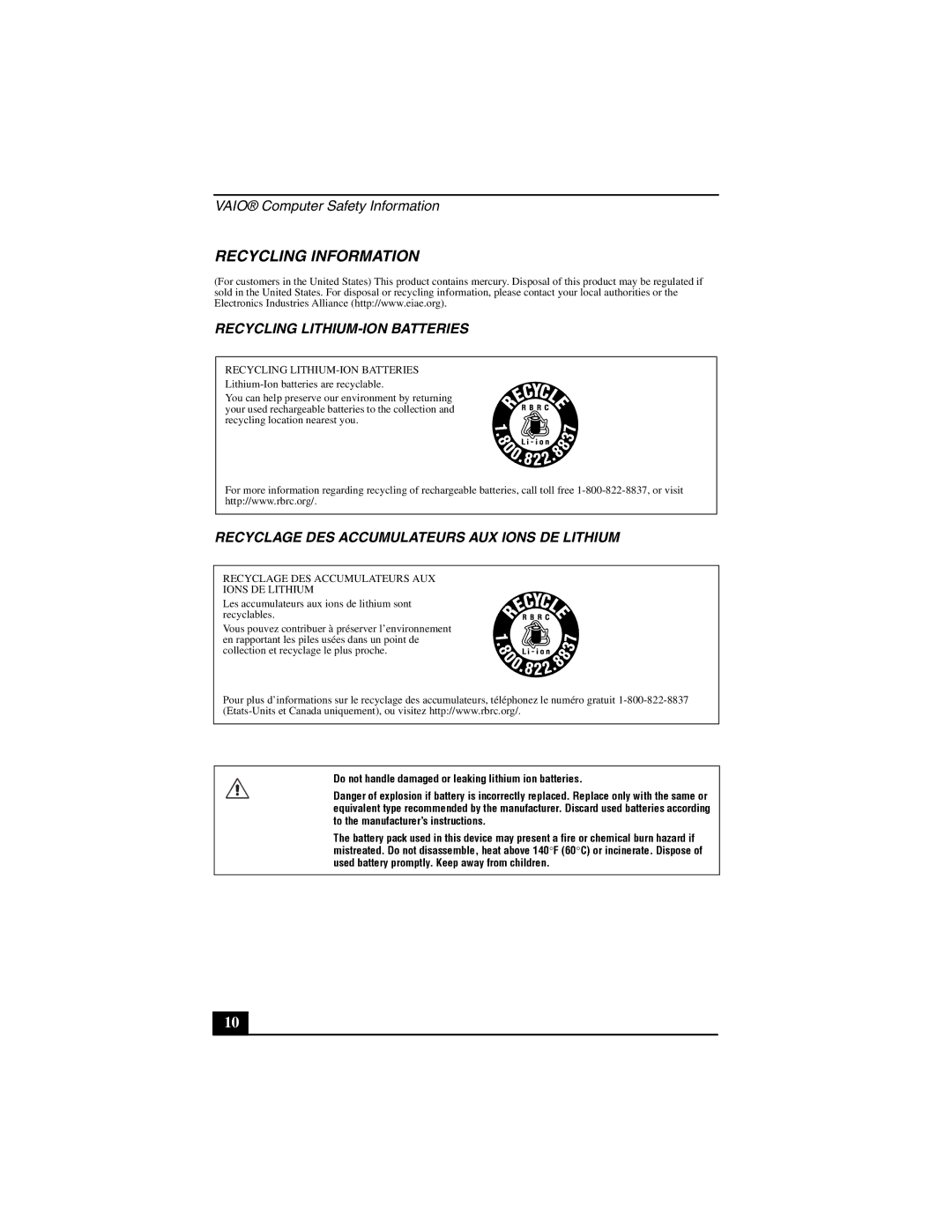 Sony VGN-FS500 manual Recycling Information 