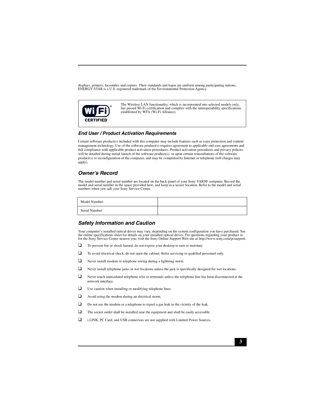 Sony VGN-FS500 manual Owner’s Record, Safety Information and Caution 