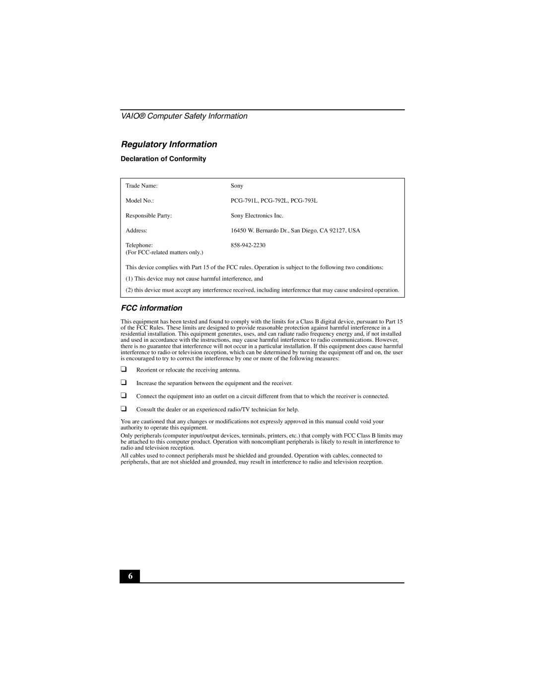 Sony VGN-FS500 manual Regulatory Information, Declaration of Conformity 