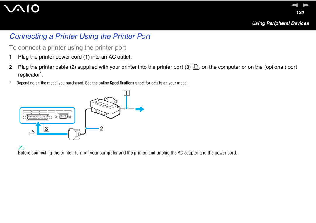 Sony VGN-FS700 Series manual Connecting a Printer Using the Printer Port, To connect a printer using the printer port 