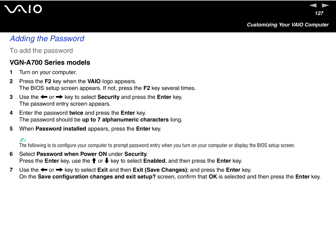 Sony VGN-FS600 Series Adding the Password, To add the password, Password should be up to 7 alphanumeric characters long 