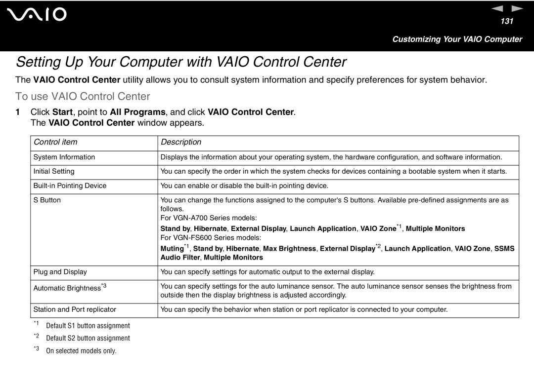 Sony VGN-FS600 Series, VGN-FS700 Series manual Setting Up Your Computer with Vaio Control Center, To use Vaio Control Center 