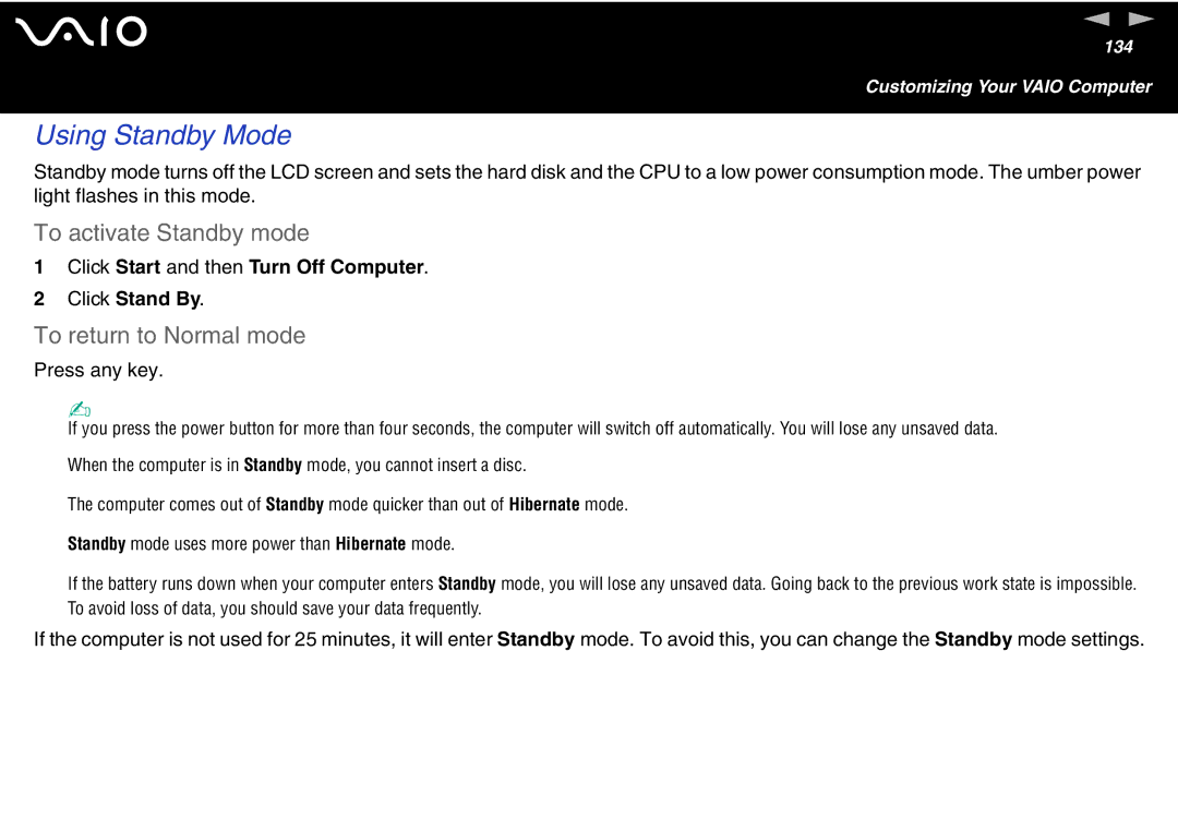 Sony VGN-FS700 Series, VGN-FS600 Series manual Using Standby Mode, To activate Standby mode, To return to Normal mode 