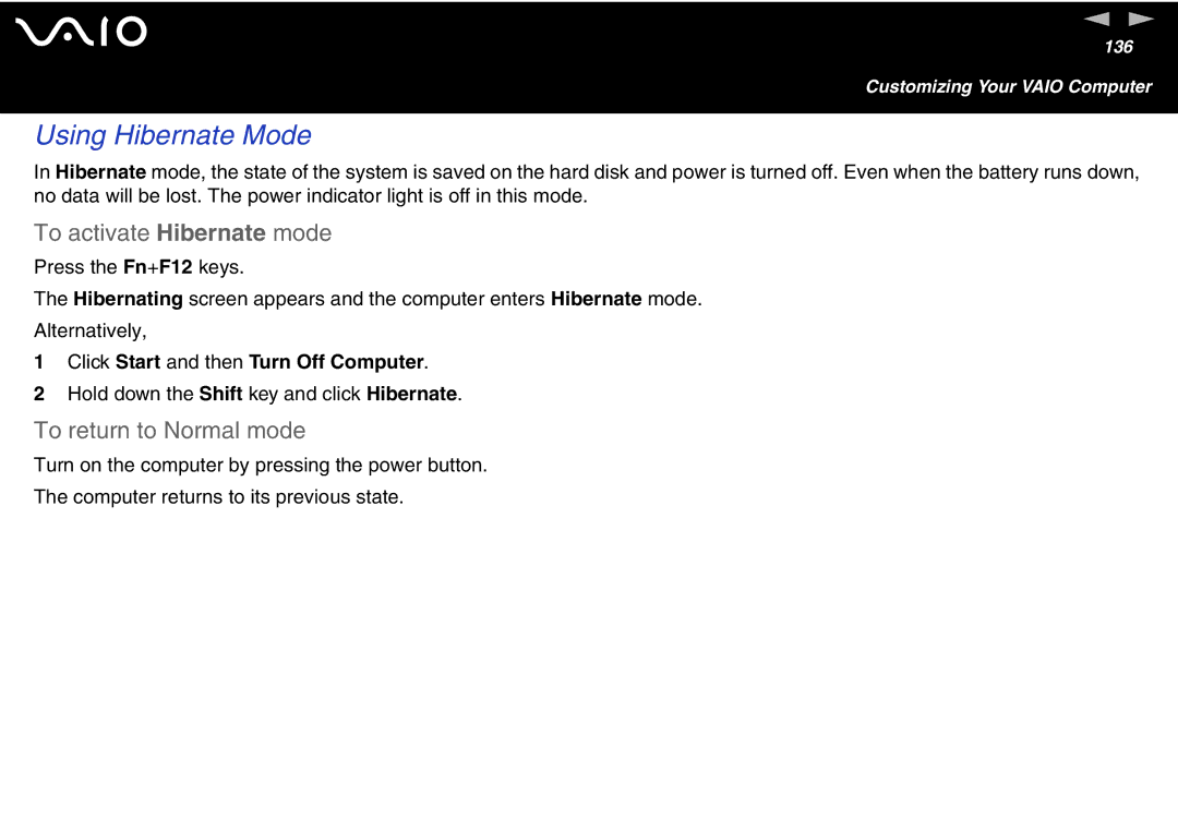 Sony VGN-FS700 Series manual Using Hibernate Mode, To activate Hibernate mode, Click Start and then Turn Off Computer 