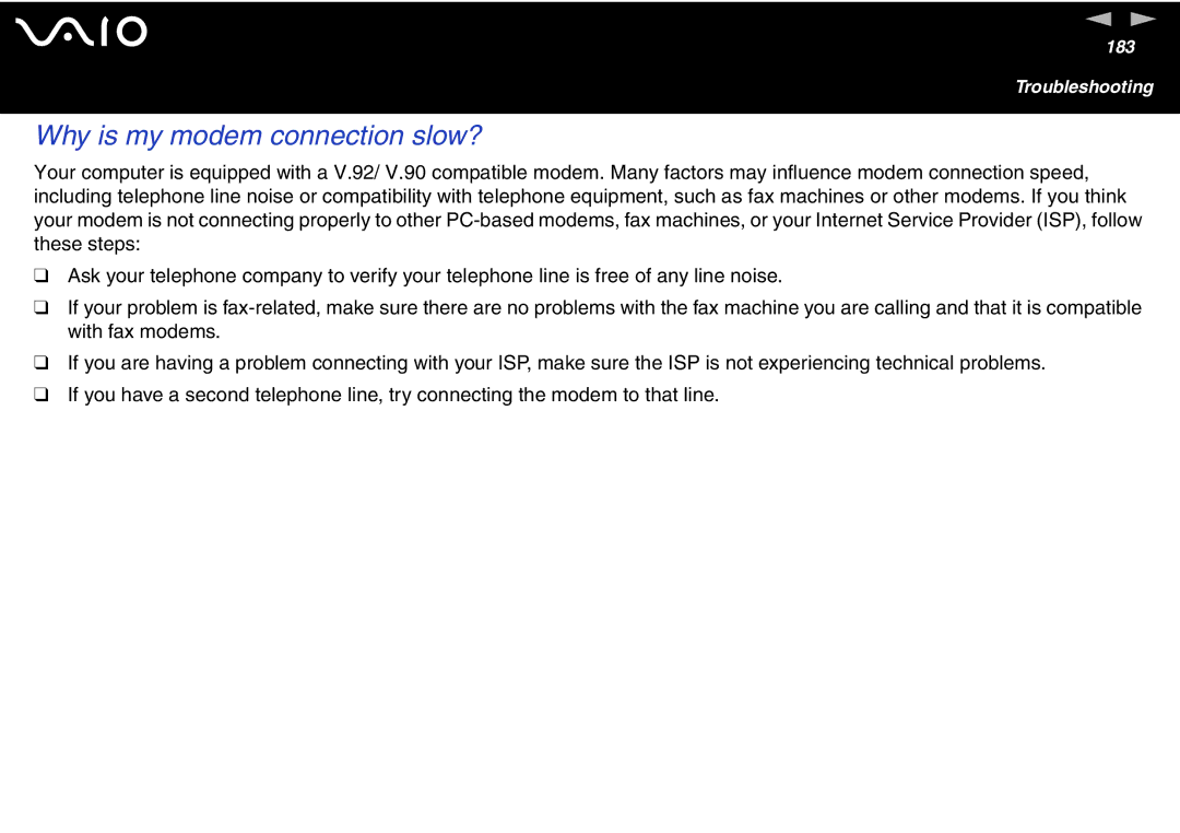 Sony VGN-FS600 Series, VGN-FS700 Series manual Why is my modem connection slow? 