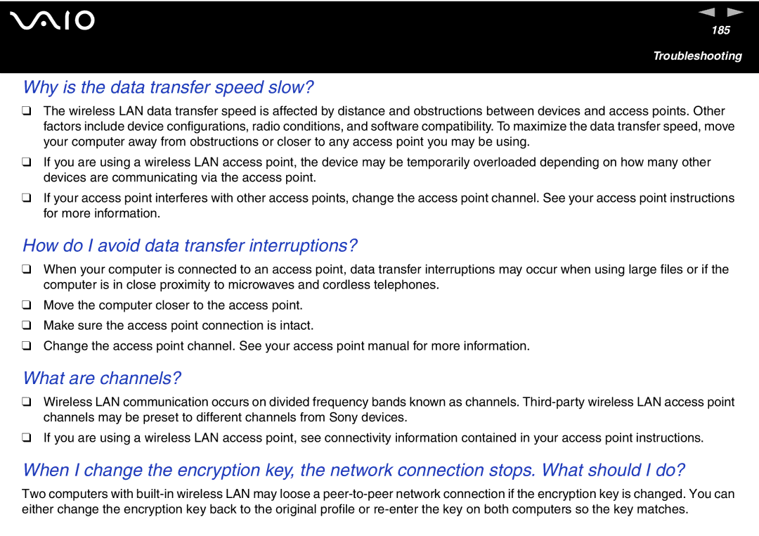 Sony VGN-FS600 Series, VGN-FS700 Series Why is the data transfer speed slow?, How do I avoid data transfer interruptions? 