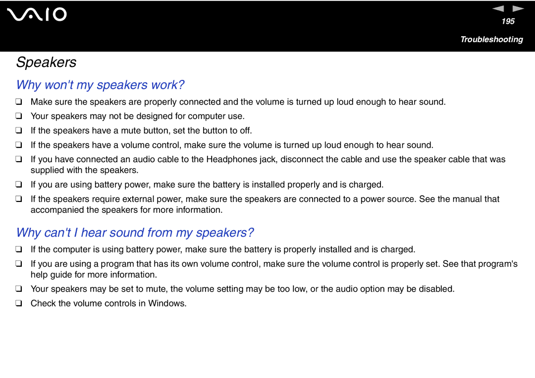 Sony VGN-FS600 Series, VGN-FS700 Series manual Speakers, Why wont my speakers work?, Why cant I hear sound from my speakers? 