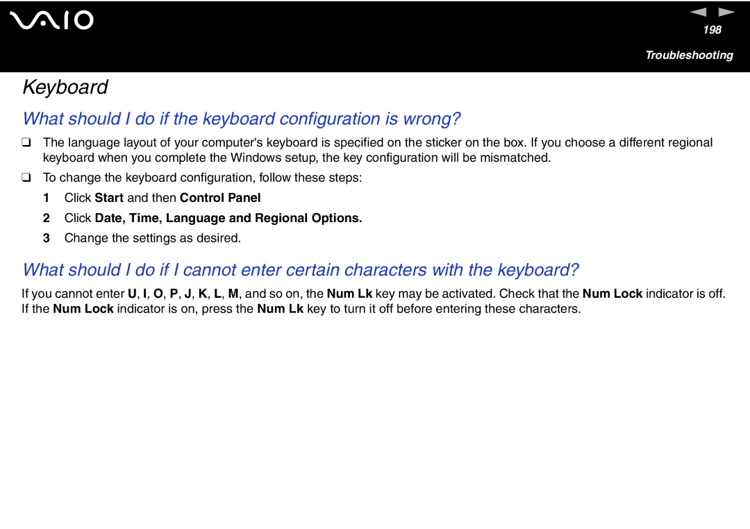 Sony VGN-FS700 Series, VGN-FS600 Series manual Keyboard, What should I do if the keyboard configuration is wrong? 