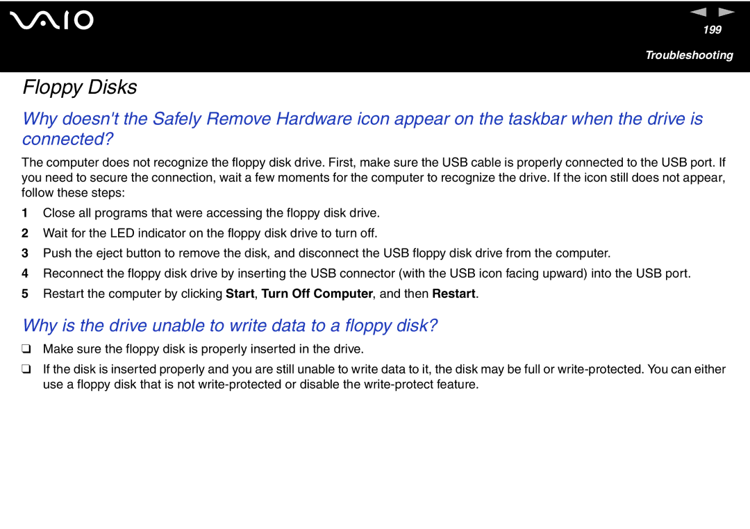 Sony VGN-FS600 Series, VGN-FS700 Series manual Floppy Disks, Why is the drive unable to write data to a floppy disk? 