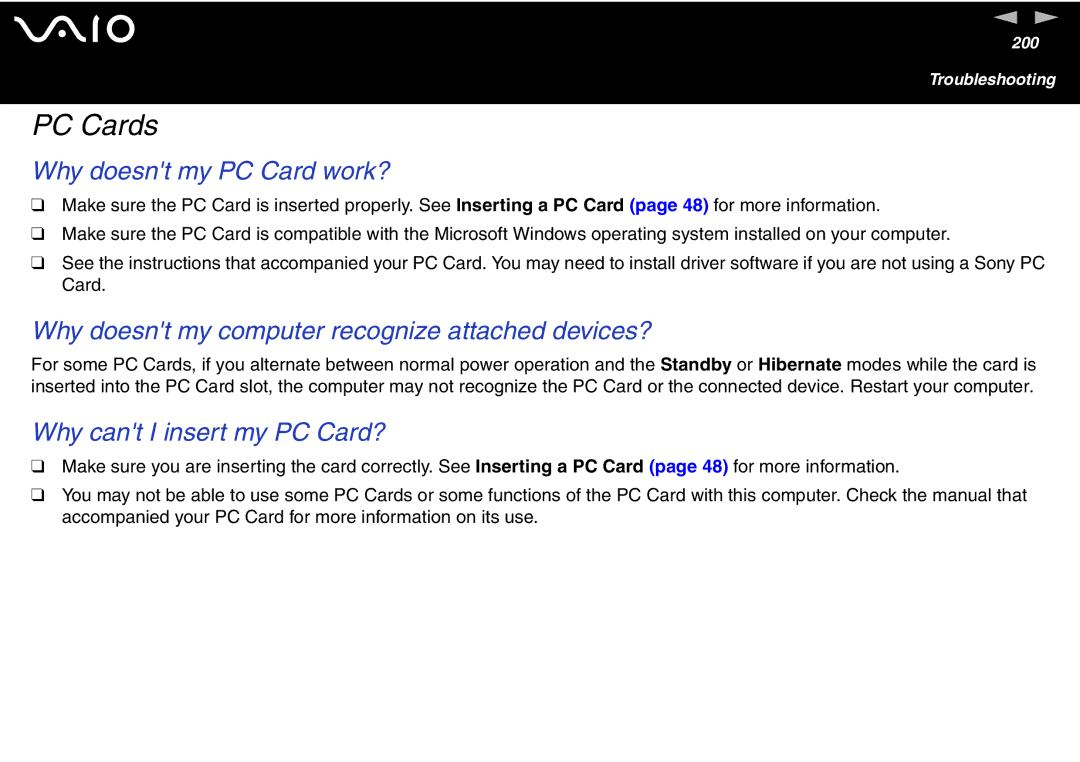 Sony VGN-FS700 Series manual PC Cards, Why doesnt my PC Card work?, Why doesnt my computer recognize attached devices? 