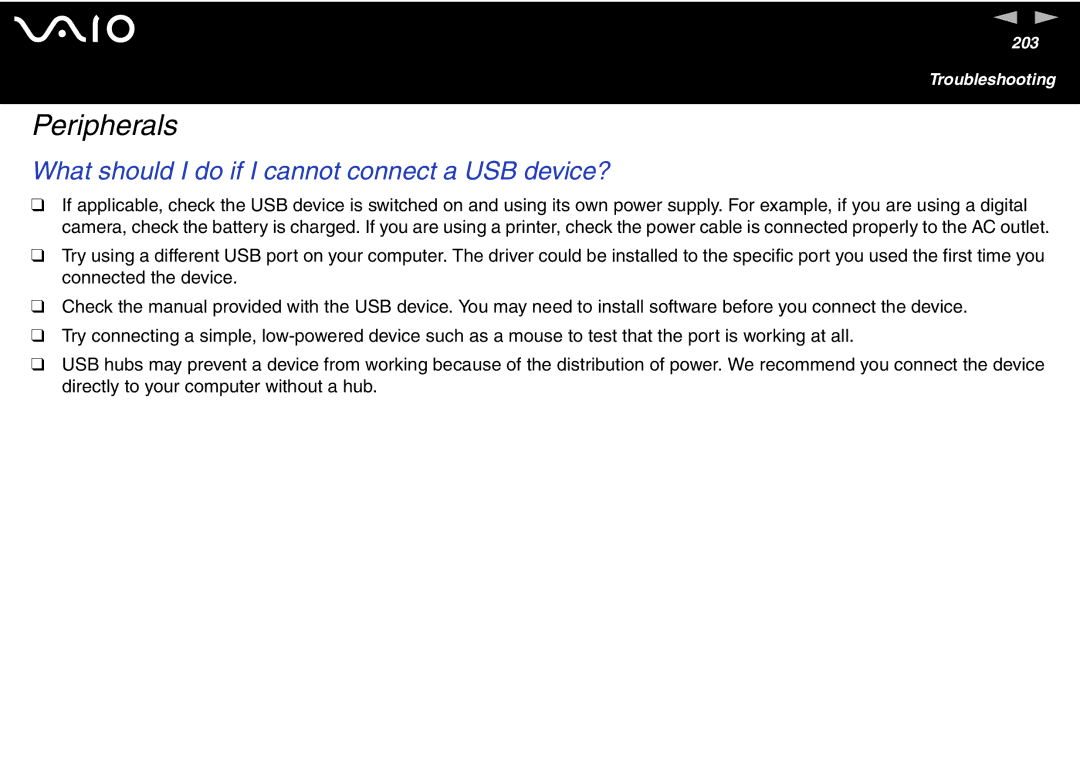 Sony VGN-FS600 Series, VGN-FS700 Series manual Peripherals, What should I do if I cannot connect a USB device? 